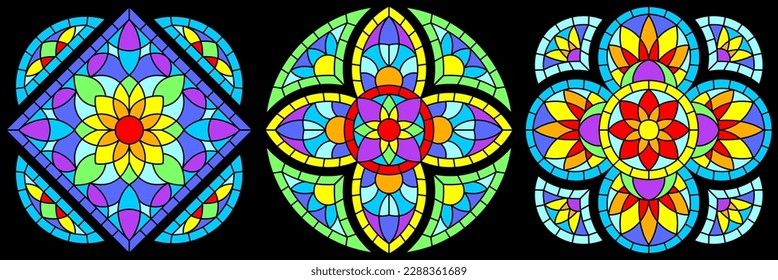 Set of stained-glass windows in gothic style. Medieval mosaic tile texture.