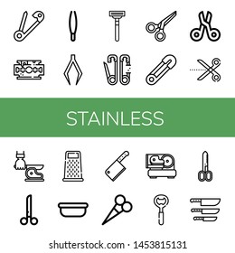 Set of stainless icons such as Safety pin, Razor blade, Tweezers, Scissors, Knife, Grater, Surgical tray, Cleaver, Slicer, Bottle opener , stainless