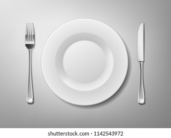 Set of Stainless steel cutlery of fork, knife and plate. realistic cutlery isolated on white background. Vector illustration