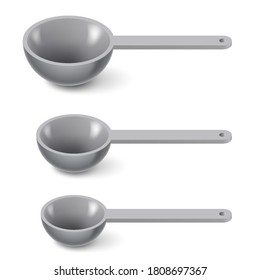 Satz von Messlöffeln aus Edelstahl in verschiedenen Größen, zur Messung einer Menge eines Bestandteils verwendet. Illustration auf weißem Hintergrund für das Design Ihres Web Mobile App-Logos