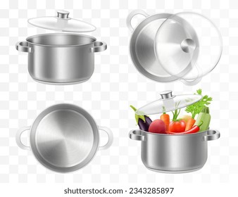 Set of stainless steel pots isolated on a transparent background. Realistic 3d Vector illustration. A set of kitchen tools, cookware, Kitchen utensils in different angles