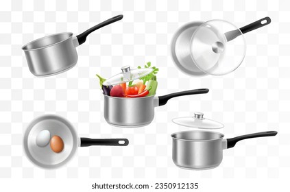 Set of stainless steel pots or ladle isolated on a transparent background. A set of kitchen tools, cookware, Kitchen utensils with vegetables and empty. Realistic 3d Vector illustration.