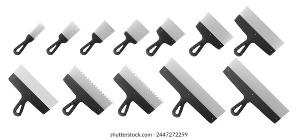 Set of Stainless Steel Putty Knife isolated on a white background. Plaster spatula. Construction, Building tool. Spackling instrument. Spatula for finishing work. Realistic 3d Vector illustration.