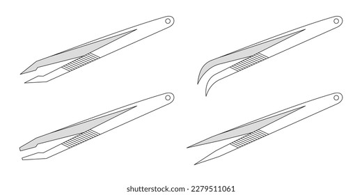 Set of Stainless Steel Tweezers Pinset Vector Illustration on White Background