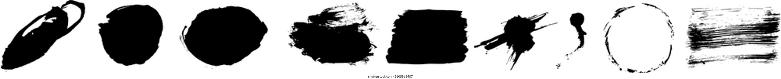 A Set stains of different shape. Handmade Texture Ink Lines for Design and Decoration. Abstract Artistic Brush for Background. Strokes Isolated on White backdrop 