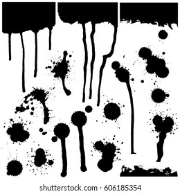 A set of stains, sprays and stains of paint of different shapes. Graphic resources. Vector illustration.