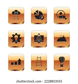 Set Stair with finish flag, Financial growth, Startup project concept, Light bulb and gear, Create account screen, Hot balloon and icon. Vector