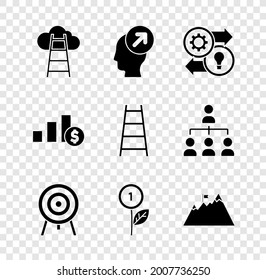 Set Stair with finish flag, Head hunting concept, Human resources, Target, Dollar plant, Mountains, Pie chart and dollar and  icon. Vector
