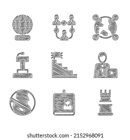 Set Stair with finish flag, Identification badge, Business strategy, Businessman, Earth globe, Stage stand or tribune, Location the and Worldwide icon. Vector