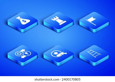 Set Stair with finish flag, Money bag, Create account screen, Human resources, Chess and Location marker icon. Vector
