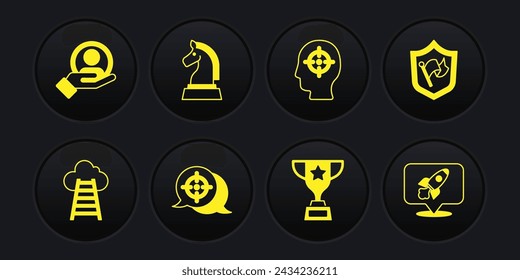 Set Stair with finish flag, Shield, Target, Award cup, Head hunting, Chess, Rocket ship and Hand for search people icon. Vector