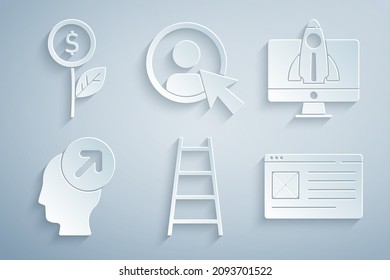 Establecer la escalera con el indicador de fin, el concepto del proyecto de inicio, la caza de cabezales, la ventana Navegador, la pantalla Crear cuenta y el icono de planta de dólar. Vector