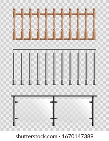 Set of stair railing or handrail various types - wooden, metal and with plexiglass realistic vector mockup illustration isolated on transparent background.