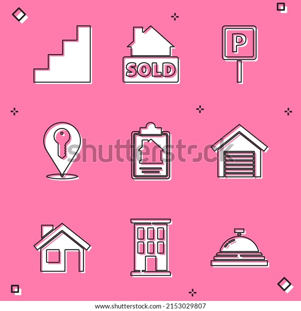 Set Staircase,\
Hanging sign with text Sold, Parking, Location key, House contract,\
Garage,  and  icon. Vector