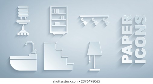 Set Staircase, Led track lights and lamps, Washbasin with water tap, Table, Library bookshelf and Office chair icon. Vector