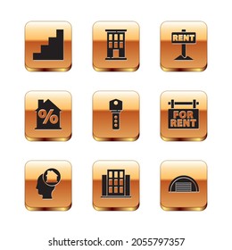 Set Staircase, Man dreaming about buying house, House, key, with percant discount, Hanging sign Rent, Garage and  icon. Vector