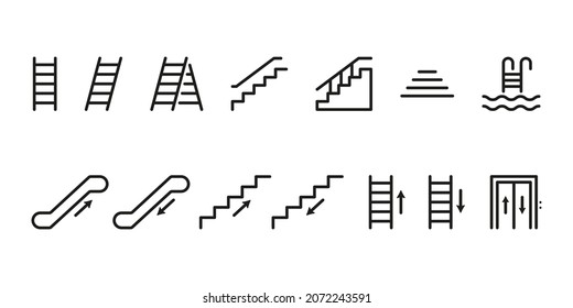 Set of Staircases Line Icon. Climb Up or Go Down on Steps. Stairs Linear Pictogram. Ladder, Elevator, Stairway, Escalator, Pool Stair Outline Icon. Editable Stroke. Isolated Vector Illustration.