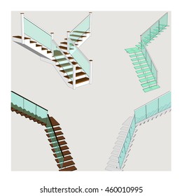 Set stairs 3d isolated.  Modern staircase with a glass railing. Vector illustration.