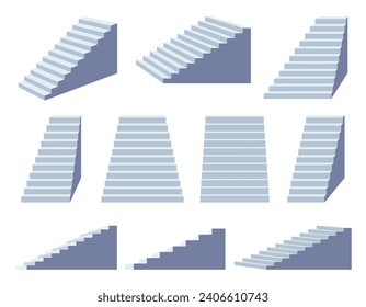 A set of stairs in different angles. Functional elements of interior design. Stairs without railings. Vector illustration