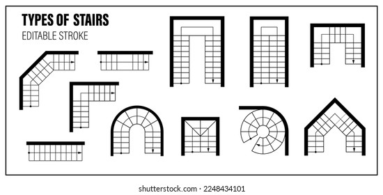 Set of stairs for floor plan top view. Architectural element for scheme of apartments. Kit of stairway icon and wall for interior project. Vector Construction symbol, graphic design element, blueprint