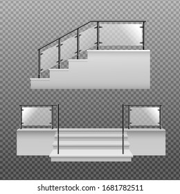 Set of stairs front and side view with glass or plexiglass handrails section and steel pillars, 3d realistic vector illustration isolated on transparent background.