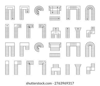 Set of stairs icons for floorplan. Staircase symbols for interior design project. Collection of stairway elements for architecture draft isolated on white background. Vector graphic illustration.
