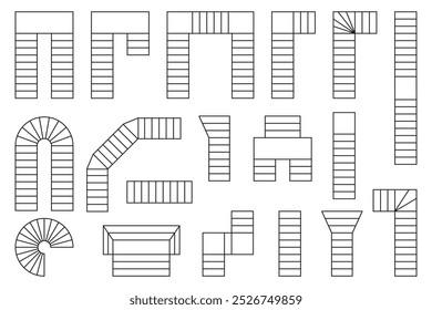 Set of stairs icons for flor plan. Staircase symbols for interior design project. Stairway elements for architecture blueprint isolated on white background. Vector graphic illustration.