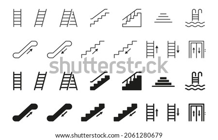 Set of Stairs Line and Silhouette Icon. Collection Staircases Outline Icon. Elevator, Ladder, Stairway, Escalator, Pool Stair Linear Pictogram. Editable Stroke. Isolated Vector Illustration.