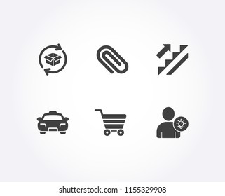 Set of Stairs, Return parcel and Market sale icons. Taxi, Paper clip and User idea signs. Stairway, Exchange of goods, Customer buying. Passengers transport, Attach paperclip, Light bulb. Vector