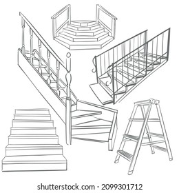 Set von Treppenskizze Zeichnung. Spiraltreppe mit Veranda und Steppard auf weißem Hintergrund