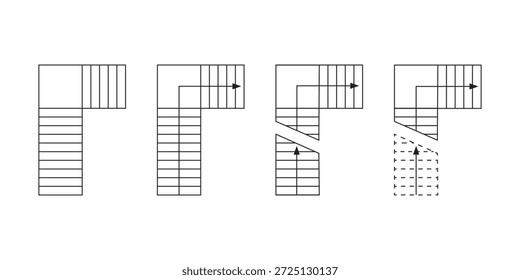Conjunto de símbolos de escadas com setas para planta baixa. Sinalização de escada para projeto de design de interiores. Elementos para o programa de arquitetura blueddraft isolado no fundo branco. Ilustração gráfica vetorial.