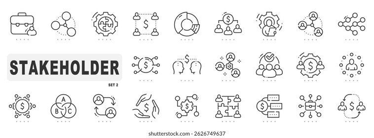 Set of stakeholder tech related line icons. Partnership, company, team, emploee etc. Editable stroke. Set 2