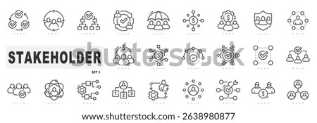 Set of stakeholder tech related line icons. Partnership, company, team, emploee etc. Editable stroke. Set 3