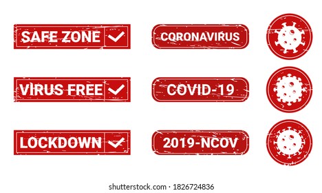 Set of stamp about Covid-19. Safe zone sign. Lockdown area sign. Virus free zone. Sticker. Illustration vector