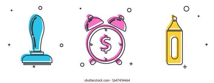 Establecer sello, reloj de alarma con símbolo de dólar e icono de lápiz de marcador. Vector