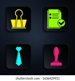 Set Stamp, Binder clip, Tie and Document and check mark. Black square button. Vector