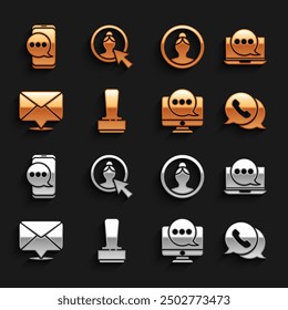 Establecer sello, notificación de mensajes de chat en la computadora portátil, teléfono con chat de burbujas de discurso, monitor, sobre, pantalla de Cuenta de Create e ícono. Vector