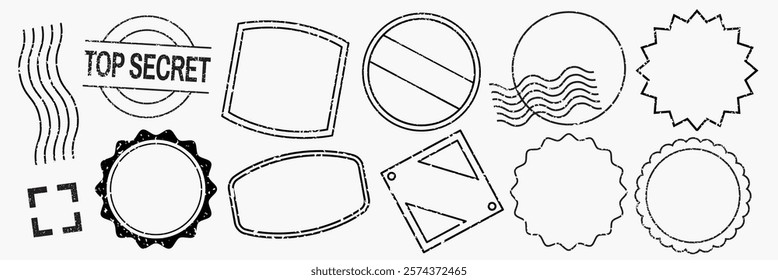 Set of stamp designs, featuring various stamp shapes like circles, squares, and triangles. Stamps include wavy lines, 'Top Secret' text, and decorative edges. Black stamps, vector set.