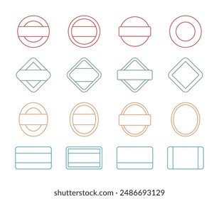 Set of stamp frame illustrations in round, square, square, and oval shapes.