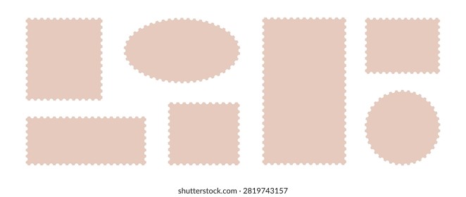 Set of stamp frames postcard and postage edge ticket. Vector postal shape. Zigzag photo badge with post mail paper and template border card. Square, oval, circle, rectangle design stamp 