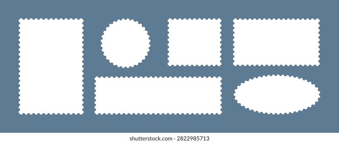 Set of stamp frames postcard and postage edge ticket. Vector postal shape. Zigzag photo badge with post mail paper and template border card. Square, oval, circle, rectangle design stamp 