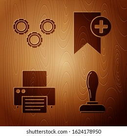 Set Stamp, Gear, Printer and Bookmark on wooden background. Vector