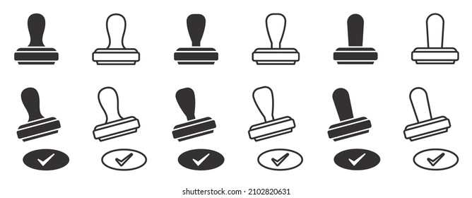 Set of stamp icons. Approval stamp, imprint. Stamper, watermark. Ink pad sign. Rubber stamp icon. Permission logotype, vector.