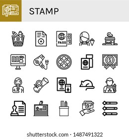 Set of stamp icons such as Guide, Stationery, Prescription, Passport, Seller, Butcher shop, Certificate, Hair dryer, Surgery lamp, Reporter, Diploma, Animal testing, Barber , stamp