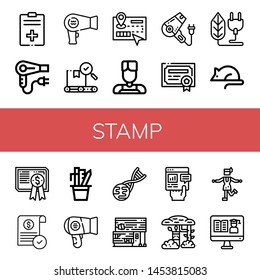Set of stamp icons such as Report, Hair dryer, Quality, Guide, Barber, Patent, Bio, Animal testing, Certificate, Approve, Stationery, Gmo, Rubber land, Camouflage, Charleston , stamp