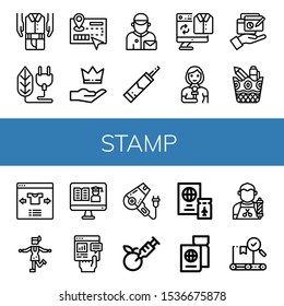 Set of stamp icons. Such as Second hand, Bio, Guide, Premium, Postman, Silicone, Reporter, Report, Stationery, Select, Charleston, Certificate, Hair dryer, Gmo, Passport , stamp icons