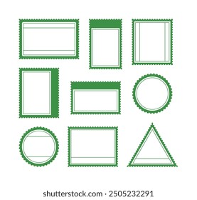 A set of stamp label frame line illustrations of various shapes such as square, circle, and triangle.