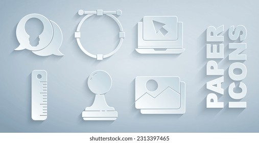 Set Stamp, Laptop and cursor, Ruler, Picture landscape, Circle with Bezier curve and Light bulb concept of idea icon. Vector