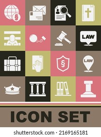 Set Stamp, Location law, Paper analysis magnifying, Ball chain, Prisoner, International and Judge gavel icon. Vector