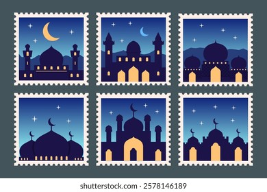 set of stamp post card mail with arabian building mosque and mountains sticker collection vector illustration